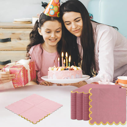 100 Pack Pink Napkins Disposable, Pink and Gold Napkins Scalloped Cocktail Napkins, 5 x 5 Inches Disposable for Girl Baby Shower, Wedding, Birthday Party, Bridal Shower