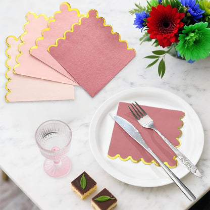 100 Pack Pink Napkins Disposable, Pink and Gold Napkins Scalloped Cocktail Napkins, 5 x 5 Inches Disposable for Girl Baby Shower, Wedding, Birthday Party, Bridal Shower
