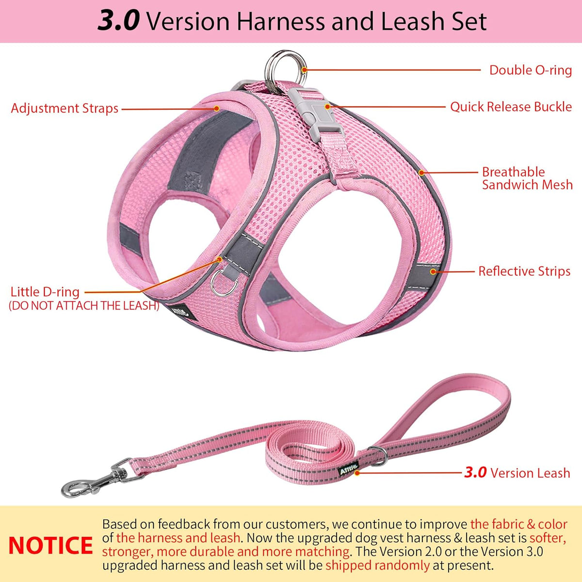 AIITLE Dog Harness and Leash Set, Step-in Puppy Pet Vest, Pure Pink XXXS