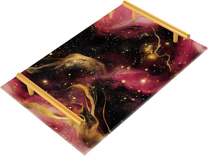 Golden Peach Waves Marble Decorative Eating Tray with Handles Plastic Serving Trays for Jewelry Perfume for Food Carrying bandeja para servir