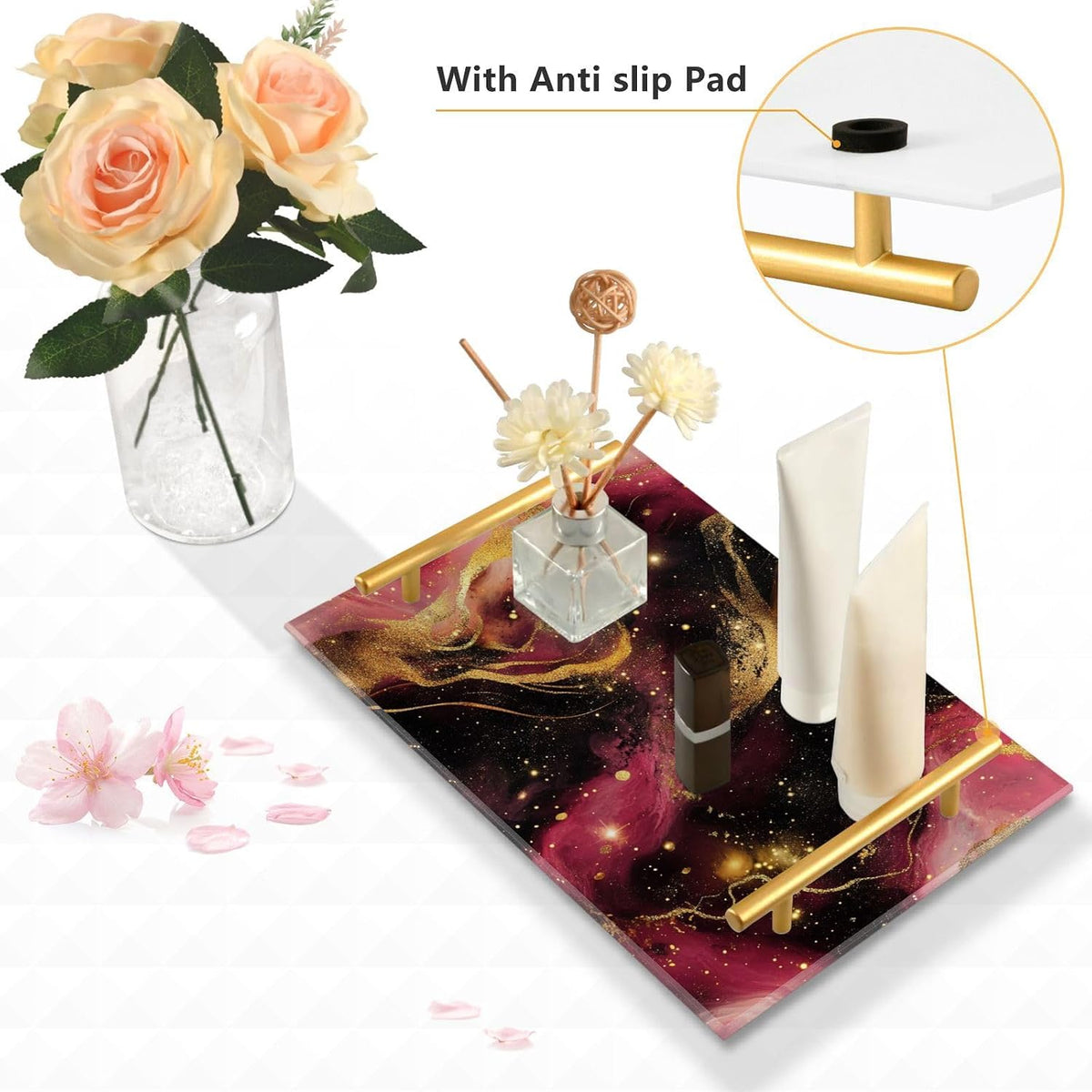 Golden Peach Waves Marble Decorative Eating Tray with Handles Plastic Serving Trays for Jewelry Perfume for Food Carrying bandeja para servir