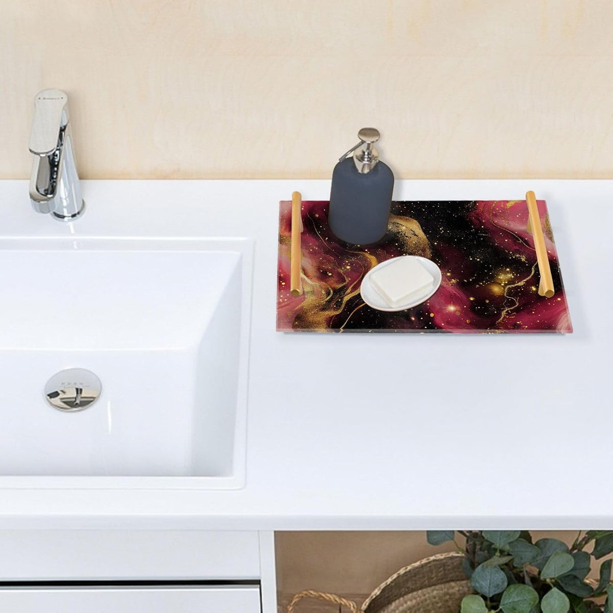 Golden Peach Waves Marble Decorative Eating Tray with Handles Plastic Serving Trays for Jewelry Perfume for Food Carrying bandeja para servir
