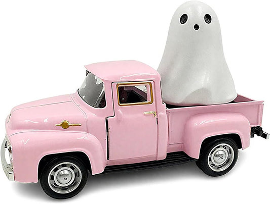 Mini Pink Halloween Truck Decoration with Ghost – Cute Resin Boo Figurine Boo Pickup Decor, Vintage Farmhouse Truck Tabletop Decor for Halloween, Fall, Tiered Tray