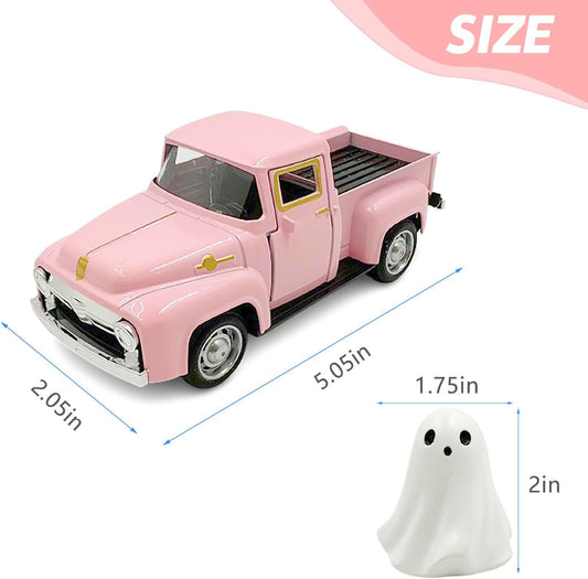 Mini Pink Halloween Truck Decoration with Ghost – Cute Resin Boo Figurine Boo Pickup Decor, Vintage Farmhouse Truck Tabletop Decor for Halloween, Fall, Tiered Tray