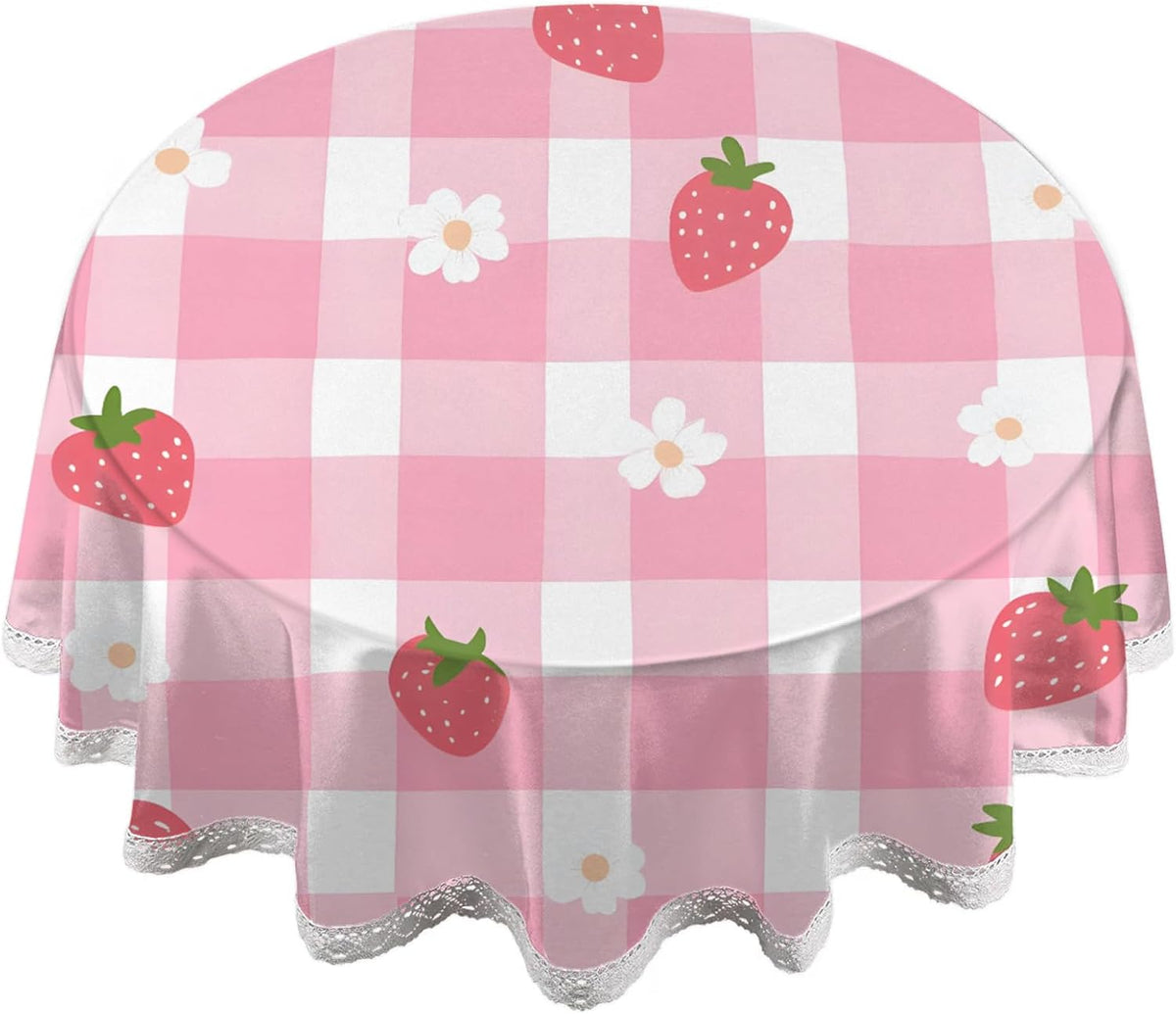 Pink Check Pattern Round Tablecloth 60 Inch Lace Tablecloth Kitchen Restaurant Tabletop Decorative Table Cover