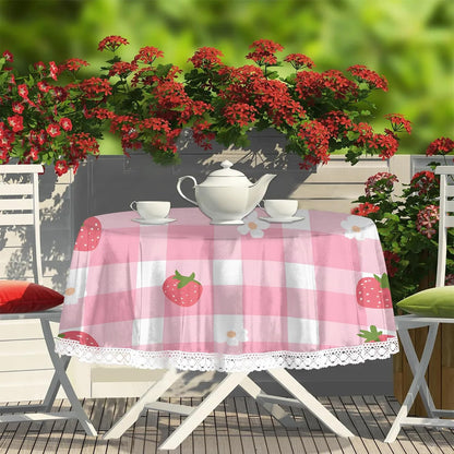 Pink Check Pattern Round Tablecloth 60 Inch Lace Tablecloth Kitchen Restaurant Tabletop Decorative Table Cover