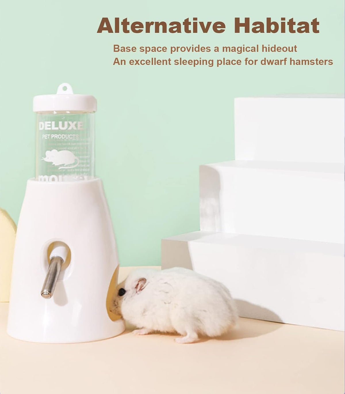 Hamster Water Bottle with Stand, Small Animal Water Dispenser, with Hideout Space, Leak-Proof, for Dwarf Hamsters