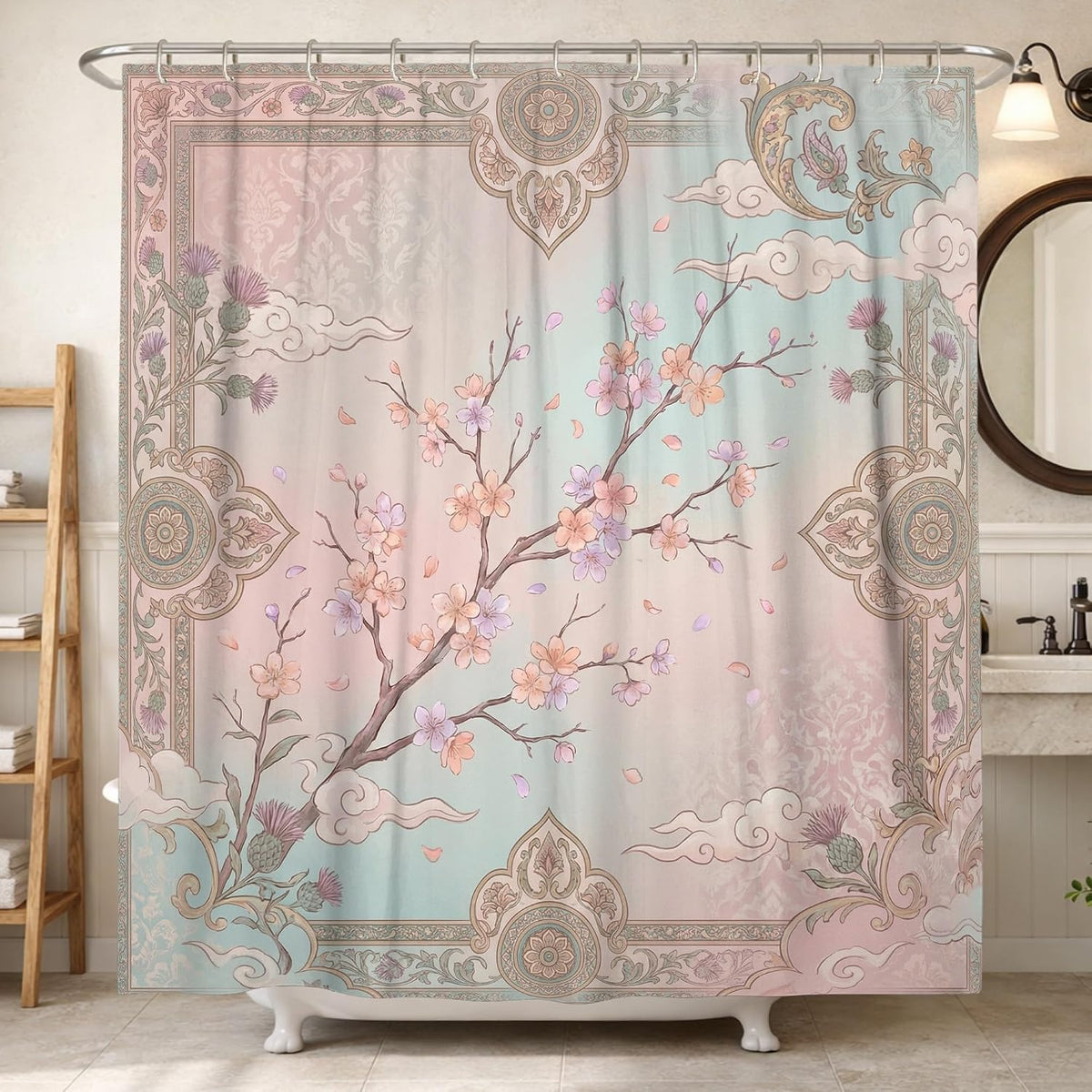 Cherries Blossom Shower Curtain, Oriental Elegant Cloud Ornate Frame Spring Pastel Peach Waterproof Fabric Bathtub Cloth Curtains for Home Bathroom Toile Hotel Decor 72x72 Inch