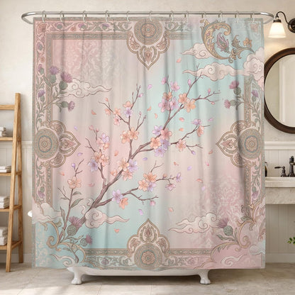 Cherries Blossom Shower Curtain, Oriental Elegant Cloud Ornate Frame Spring Pastel Peach Waterproof Fabric Bathtub Cloth Curtains for Home Bathroom Toile Hotel Decor 72x72 Inch