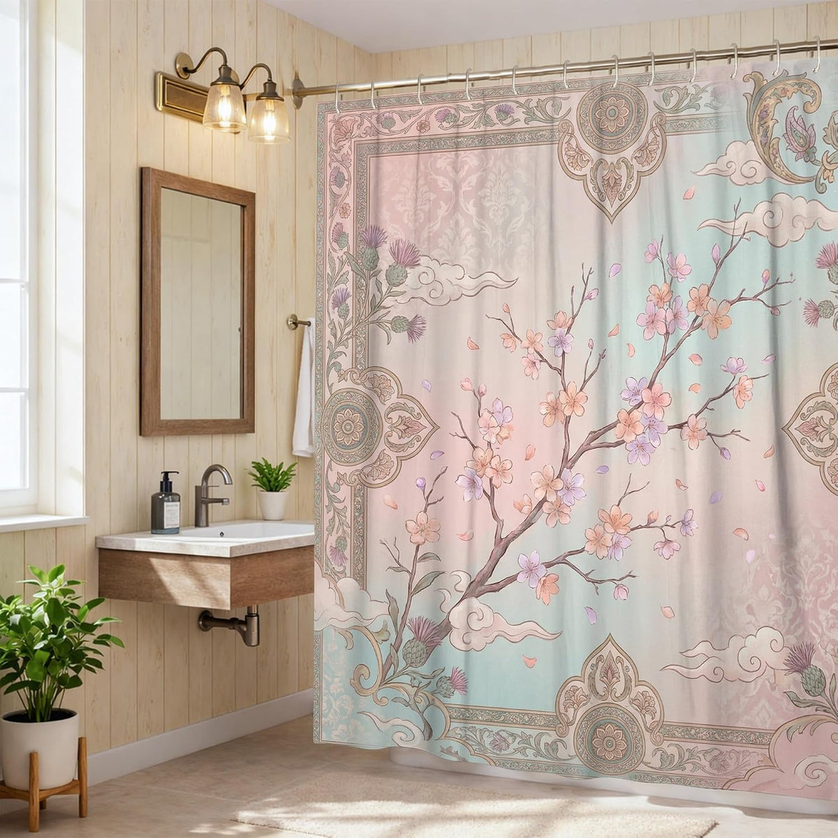 Cherries Blossom Shower Curtain, Oriental Elegant Cloud Ornate Frame Spring Pastel Peach Waterproof Fabric Bathtub Cloth Curtains for Home Bathroom Toile Hotel Decor 72x72 Inch