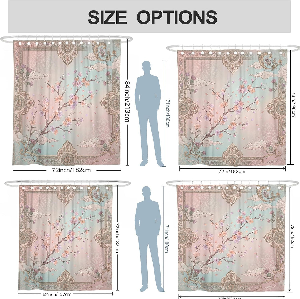 Cherries Blossom Shower Curtain, Oriental Elegant Cloud Ornate Frame Spring Pastel Peach Waterproof Fabric Bathtub Cloth Curtains for Home Bathroom Toile Hotel Decor 72x72 Inch