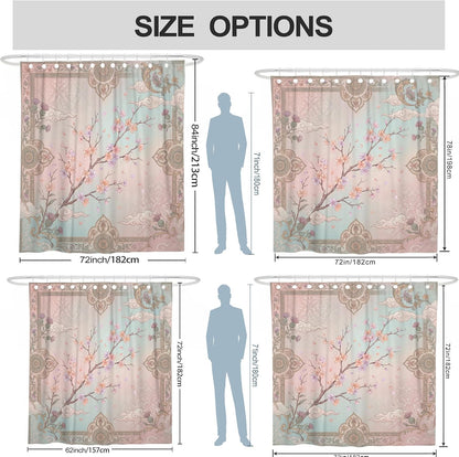 Cherries Blossom Shower Curtain, Oriental Elegant Cloud Ornate Frame Spring Pastel Peach Waterproof Fabric Bathtub Cloth Curtains for Home Bathroom Toile Hotel Decor 72x72 Inch