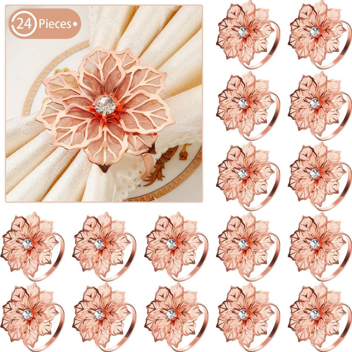 24 Pcs Rose Gold Napkin Rings, Hollow Flower Napkin Holders Buckles
