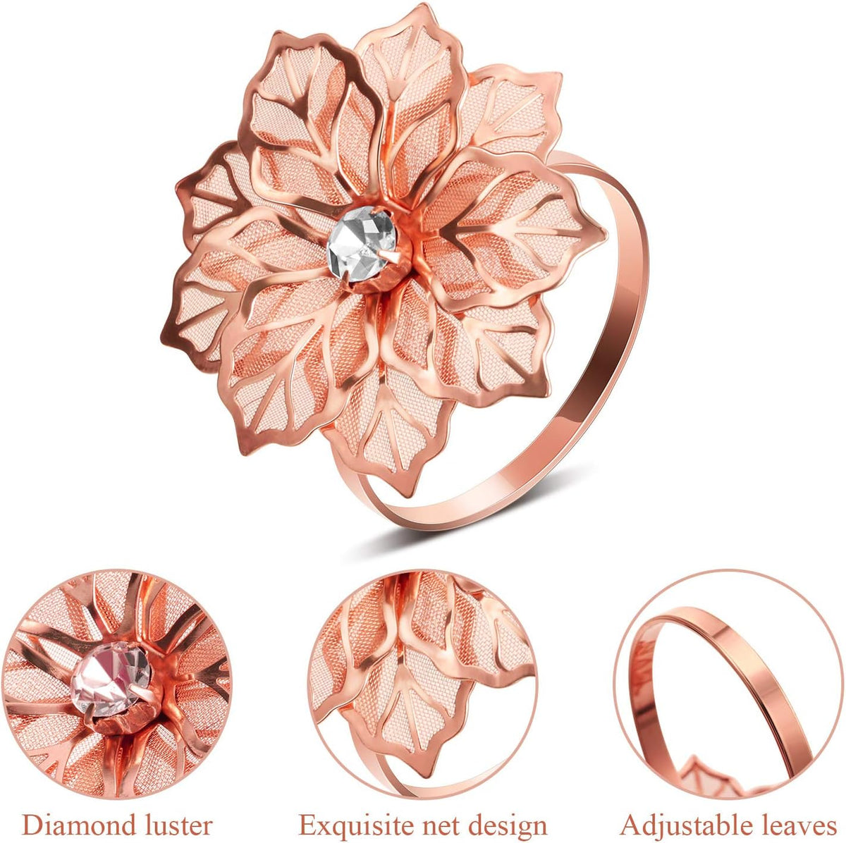 24 Pcs Rose Gold Napkin Rings, Hollow Flower Napkin Holders Buckles