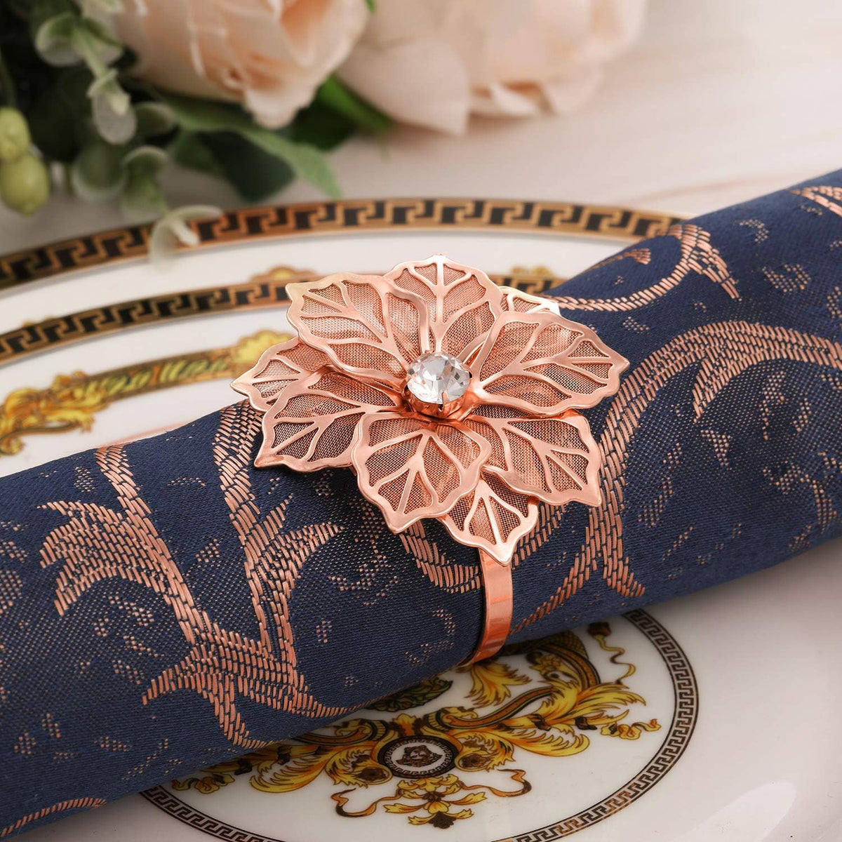 24 Pcs Rose Gold Napkin Rings, Hollow Flower Napkin Holders Buckles