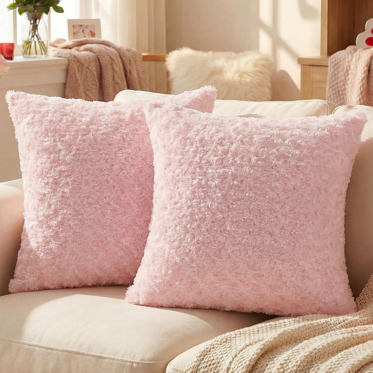 Pack of 2 Rose Textured Throw Pillow Covers 18x18 Inch, Pink