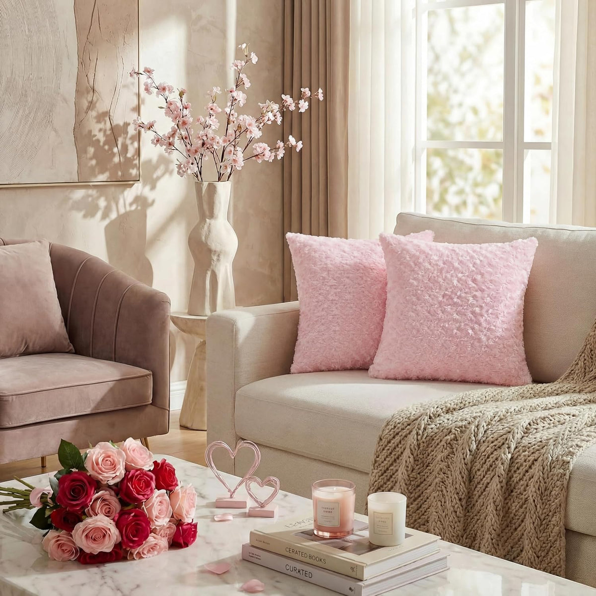Pack of 2 Rose Textured Throw Pillow Covers 18x18 Inch, Pink