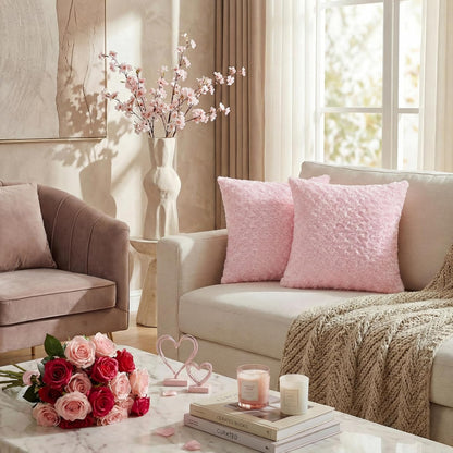 Pack of 2 Rose Textured Throw Pillow Covers 18x18 Inch, Pink