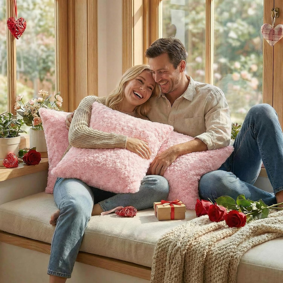 Pack of 2 Rose Textured Throw Pillow Covers 18x18 Inch, Pink