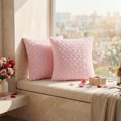 Pack of 2 Rose Textured Throw Pillow Covers 18x18 Inch, Pink