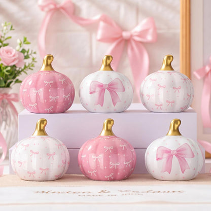 6 Pcs Pink and White Bow Ceramic Pumpkins Fall Table Decor