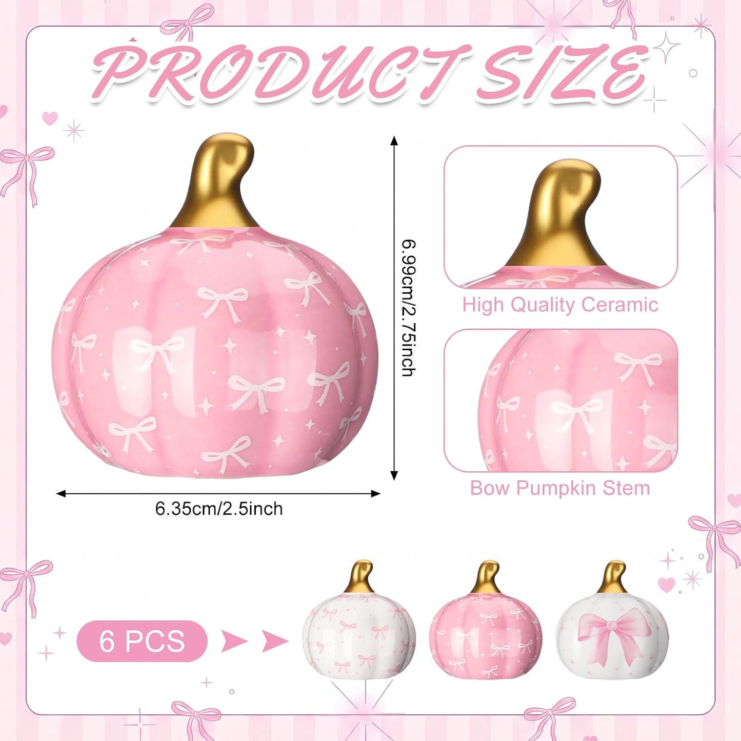 6 Pcs Pink and White Bow Ceramic Pumpkins Fall Table Decor