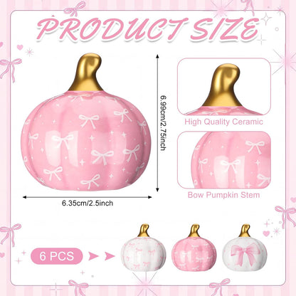 6 Pcs Pink and White Bow Ceramic Pumpkins Fall Table Decor