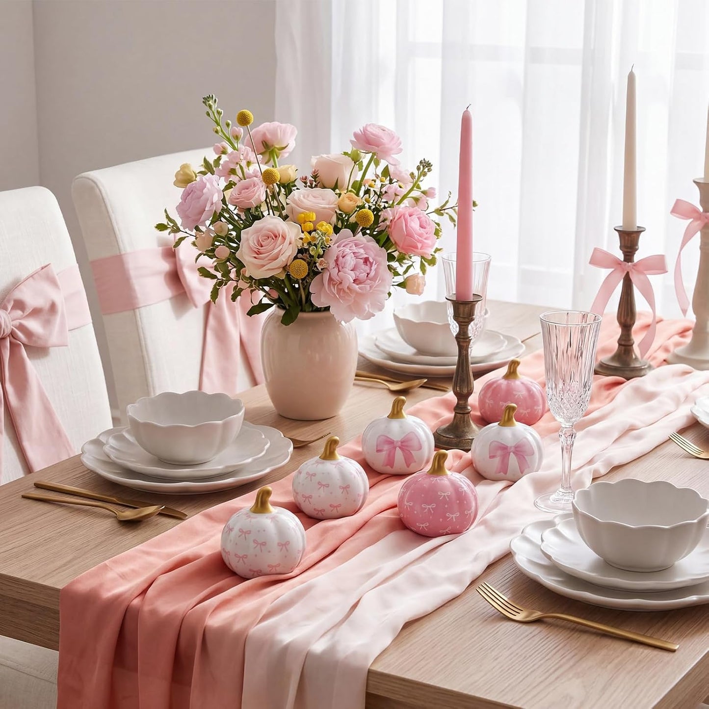 6 Pcs Pink and White Bow Ceramic Pumpkins Fall Table Decor