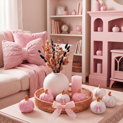 6 Pcs Pink and White Bow Ceramic Pumpkins Fall Table Decor