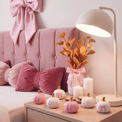 6 Pcs Pink and White Bow Ceramic Pumpkins Fall Table Decor