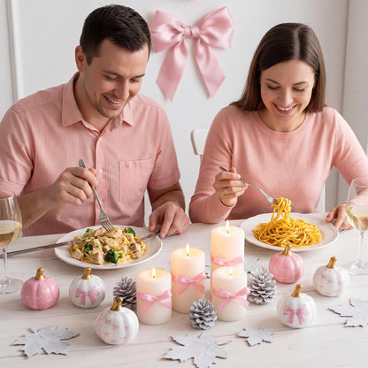 6 Pcs Pink and White Bow Ceramic Pumpkins Fall Table Decor