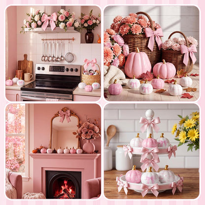 6 Pcs Pink and White Bow Ceramic Pumpkins Fall Table Decor