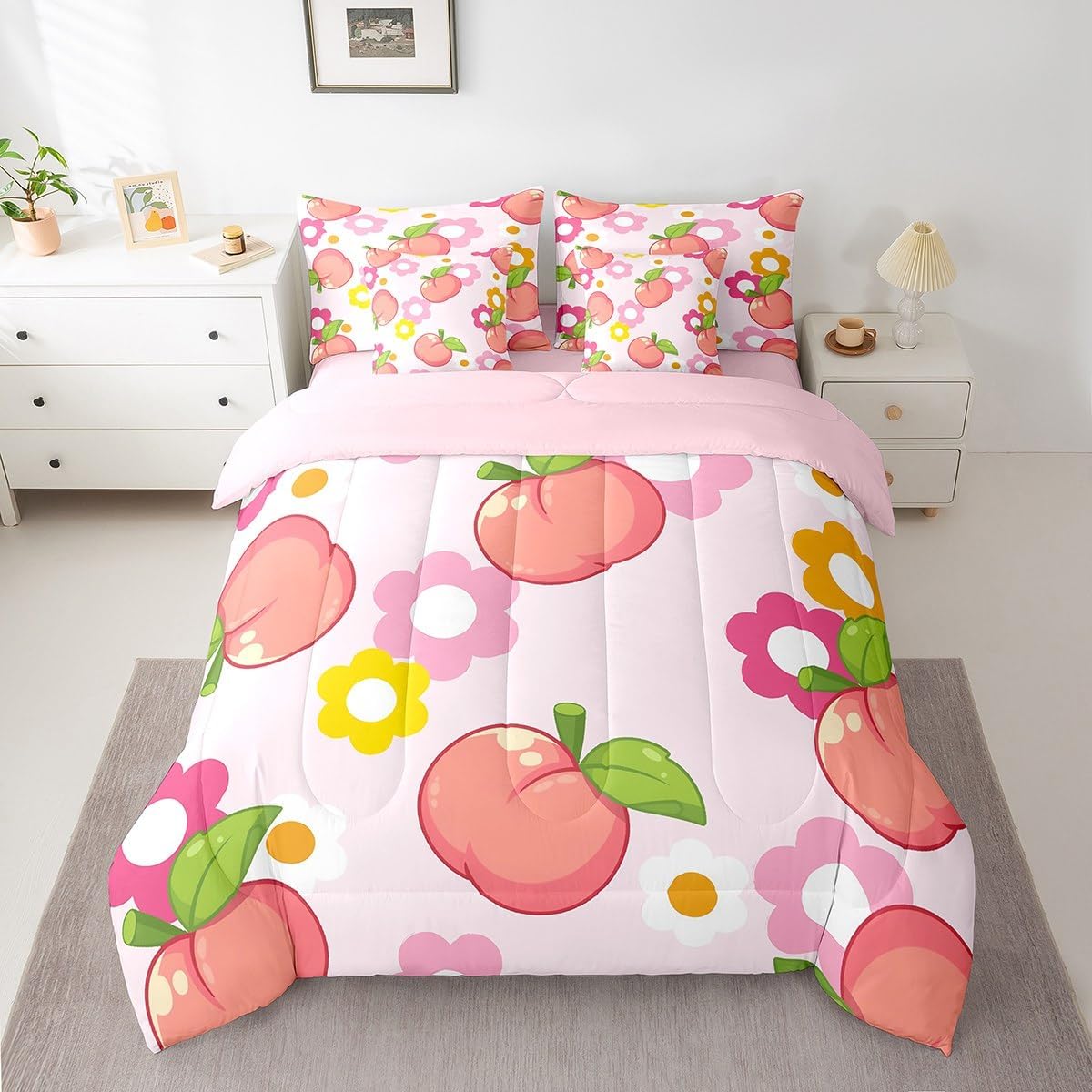 Fruit Comforter Set with Sheets King Size Kids Peach Bed in a Bag for Boys Girls Teens Baby Pink 7 Pieces Bedding Set