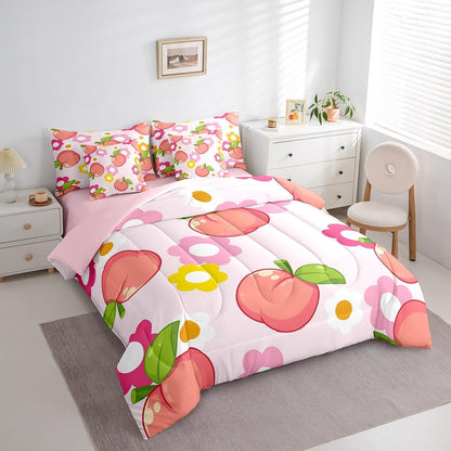 Fruit Comforter Set with Sheets King Size Kids Peach Bed in a Bag for Boys Girls Teens Baby Pink 7 Pieces Bedding Set