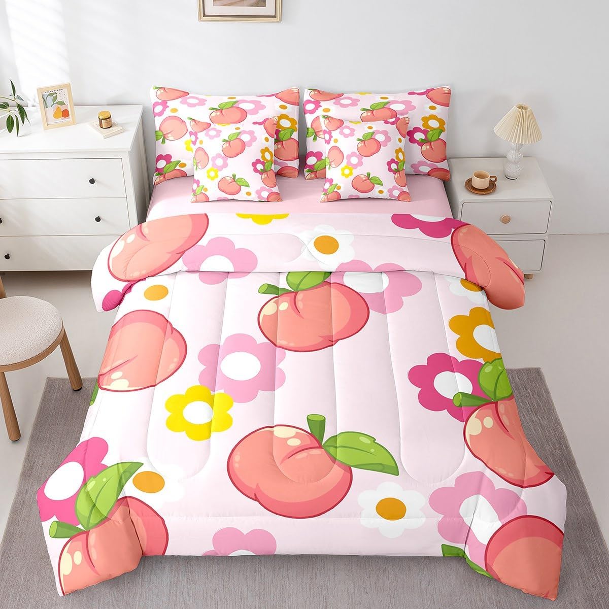 Fruit Comforter Set with Sheets King Size Kids Peach Bed in a Bag for Boys Girls Teens Baby Pink 7 Pieces Bedding Set