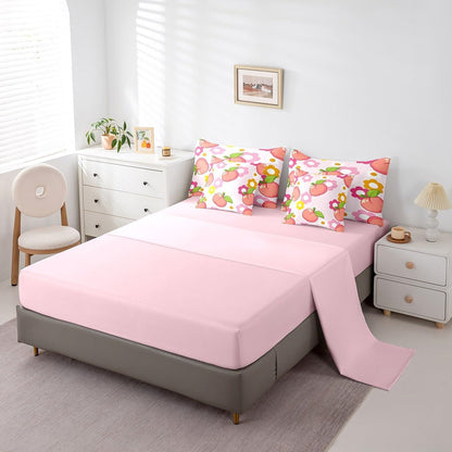 Fruit Comforter Set with Sheets King Size Kids Peach Bed in a Bag for Boys Girls Teens Baby Pink 7 Pieces Bedding Set