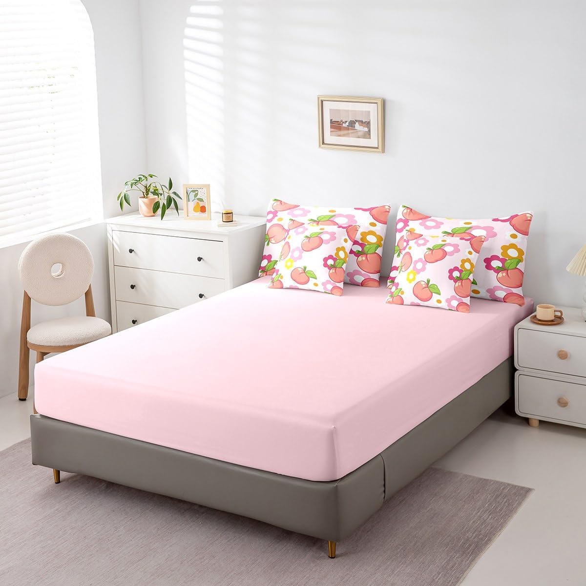 Fruit Comforter Set with Sheets King Size Kids Peach Bed in a Bag for Boys Girls Teens Baby Pink 7 Pieces Bedding Set
