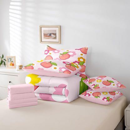 Fruit Comforter Set with Sheets King Size Kids Peach Bed in a Bag for Boys Girls Teens Baby Pink 7 Pieces Bedding Set