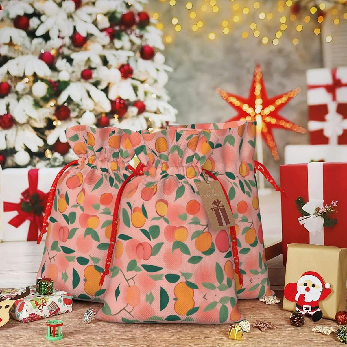 Peach Pattern Seamless 1pcs Christmas Drawstring Tote 4.7x 6.9in,Robust Bag For Gifts And Everyday Used Essentials