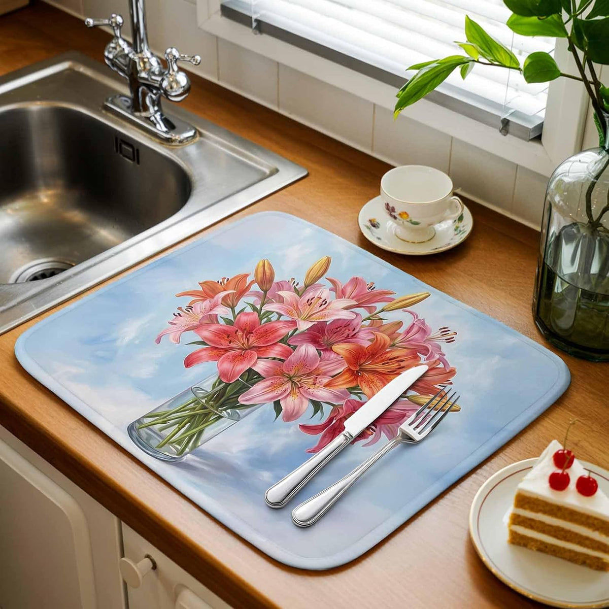 Kitchen Drying Mat Set of 1, Watercolor Pink Lily Floral Absorbent Microfiber Dish Drying Rack Drying Mat, Flower Vase on Light Blue Dish Drying Pad for Countertop