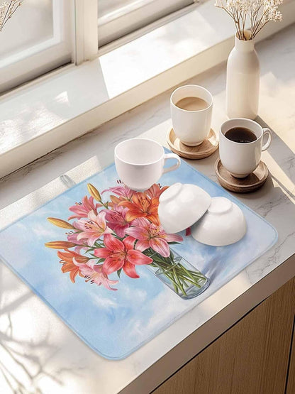 Kitchen Drying Mat Set of 1, Watercolor Pink Lily Floral Absorbent Microfiber Dish Drying Rack Drying Mat, Flower Vase on Light Blue Dish Drying Pad for Countertop