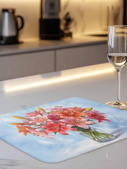 Kitchen Drying Mat Set of 1, Watercolor Pink Lily Floral Absorbent Microfiber Dish Drying Rack Drying Mat, Flower Vase on Light Blue Dish Drying Pad for Countertop