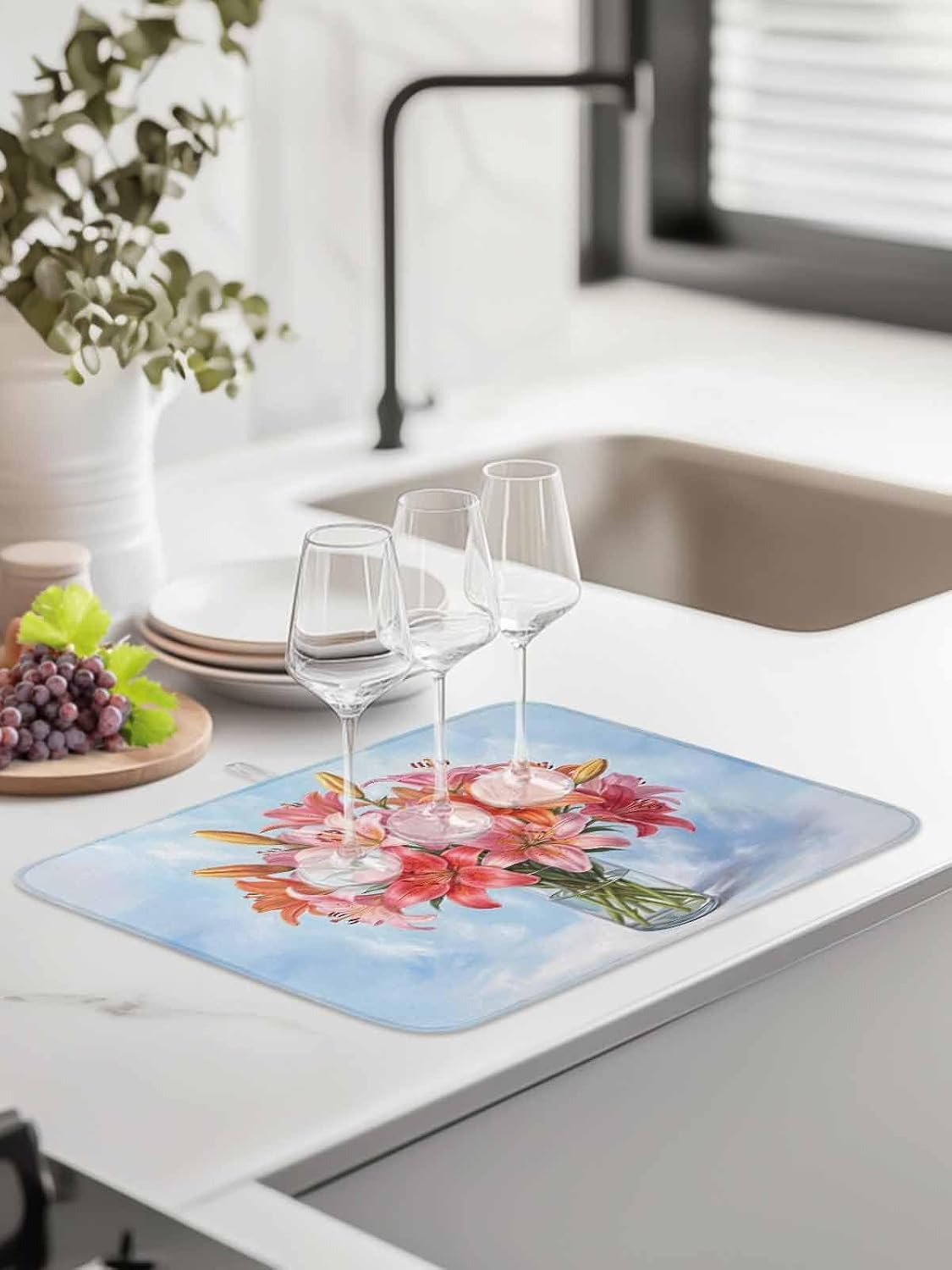 Kitchen Drying Mat Set of 1, Watercolor Pink Lily Floral Absorbent Microfiber Dish Drying Rack Drying Mat, Flower Vase on Light Blue Dish Drying Pad for Countertop
