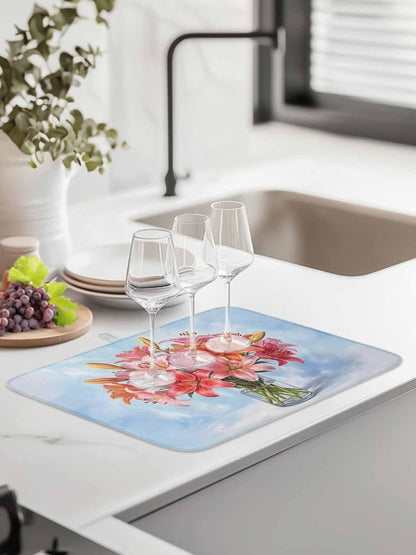 Kitchen Drying Mat Set of 1, Watercolor Pink Lily Floral Absorbent Microfiber Dish Drying Rack Drying Mat, Flower Vase on Light Blue Dish Drying Pad for Countertop