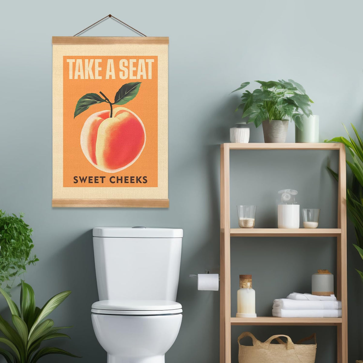 Funny Peach Bathroom Decor Wall Art,Take A Seat Sweet Cheeks Wall Art,Lovely Fruit Poster Bathroom Decor, Restroom Humor Sign for Toilet,Powder Room (Peach)