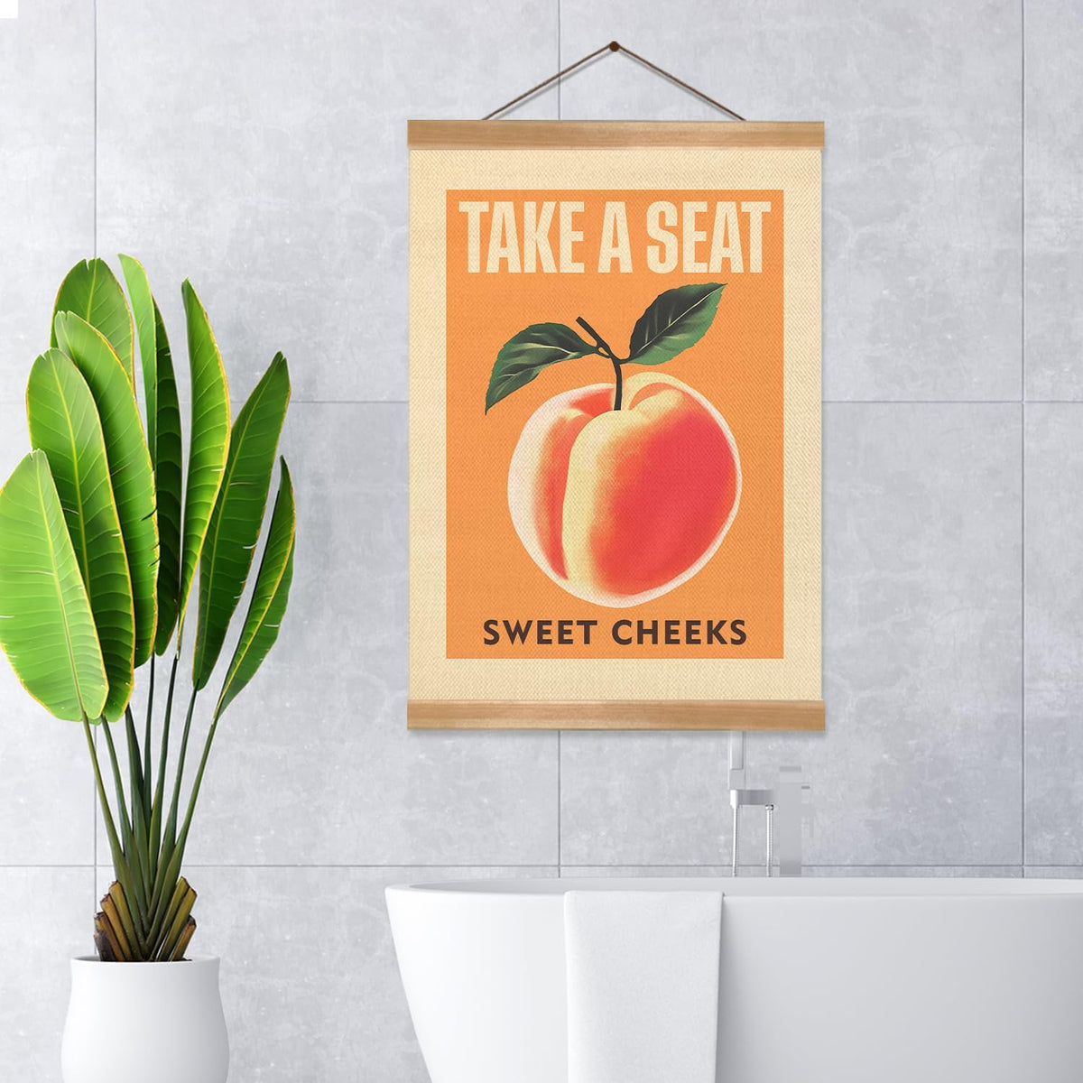 Funny Peach Bathroom Decor Wall Art,Take A Seat Sweet Cheeks Wall Art,Lovely Fruit Poster Bathroom Decor, Restroom Humor Sign for Toilet,Powder Room (Peach)