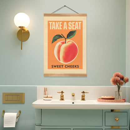 Funny Peach Bathroom Decor Wall Art,Take A Seat Sweet Cheeks Wall Art,Lovely Fruit Poster Bathroom Decor, Restroom Humor Sign for Toilet,Powder Room (Peach)