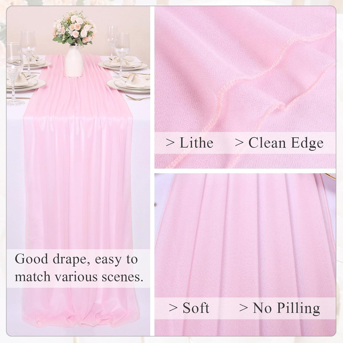 10FT Blushing Pink Chiffon Table Runner 30x120 Inches Spring Boho Sheer Fabric Table Runner for Wedding BridalShower Birthday Party Valentine's Day Decorations