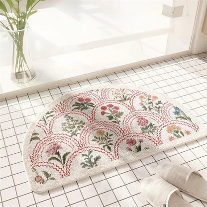 Half Circle Bath Mat Non-Slip, Boho Floral Print Soft Fluffy Absorbent Microfiber Bathroom Rug Quick Dry Machine Washable Carpet for Bathroom Floor, Bedroom Home Decor Pink 12" x 20"