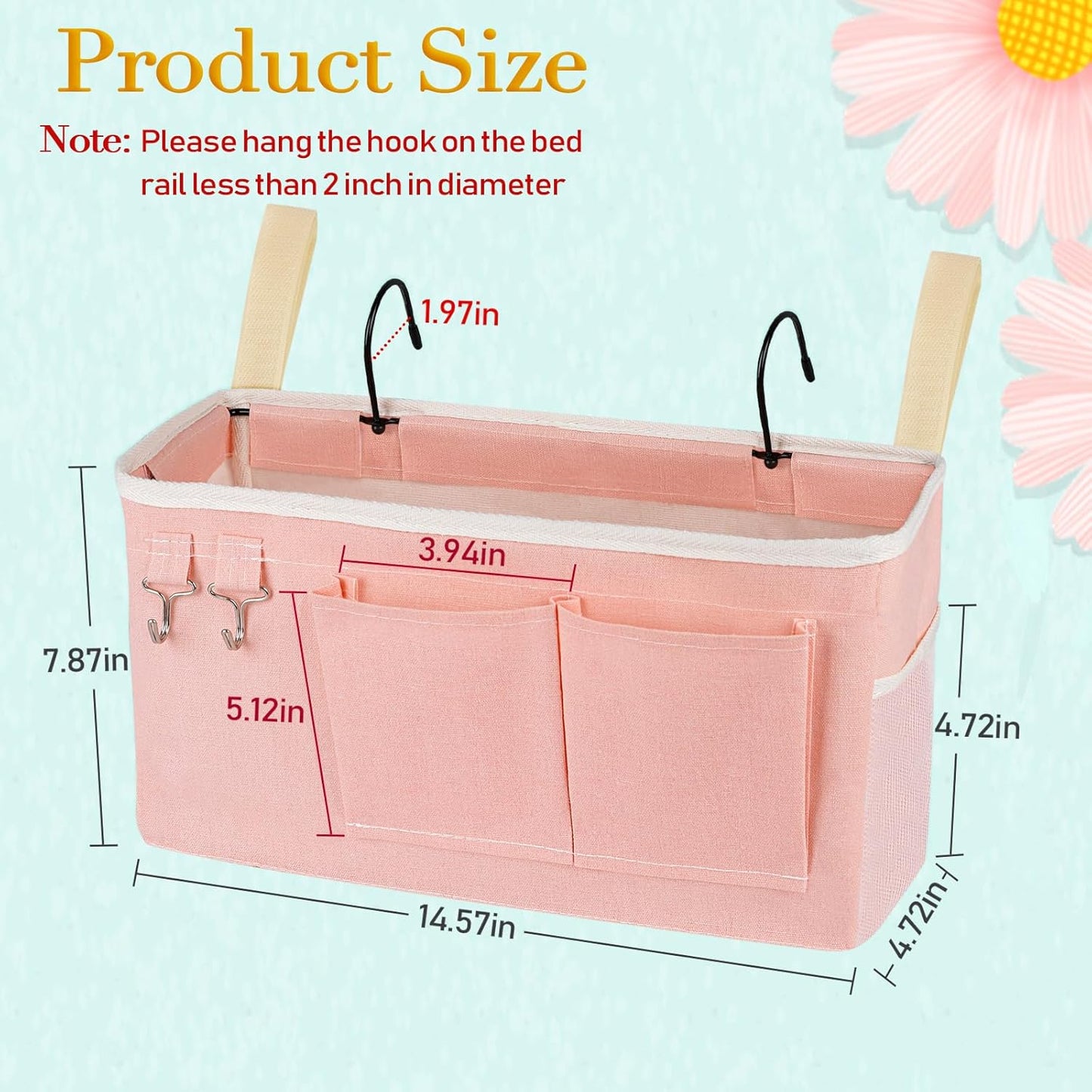 Bedside Storage Caddy/Bedside Hanging Storage Bag for Headboards Bunk Beds Dorm Rooms Book Phone Magazine Holder (Light Pink)